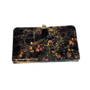 Vintage Black Pressed Flower Kiss Lock Clutch Purse with Removable Cover